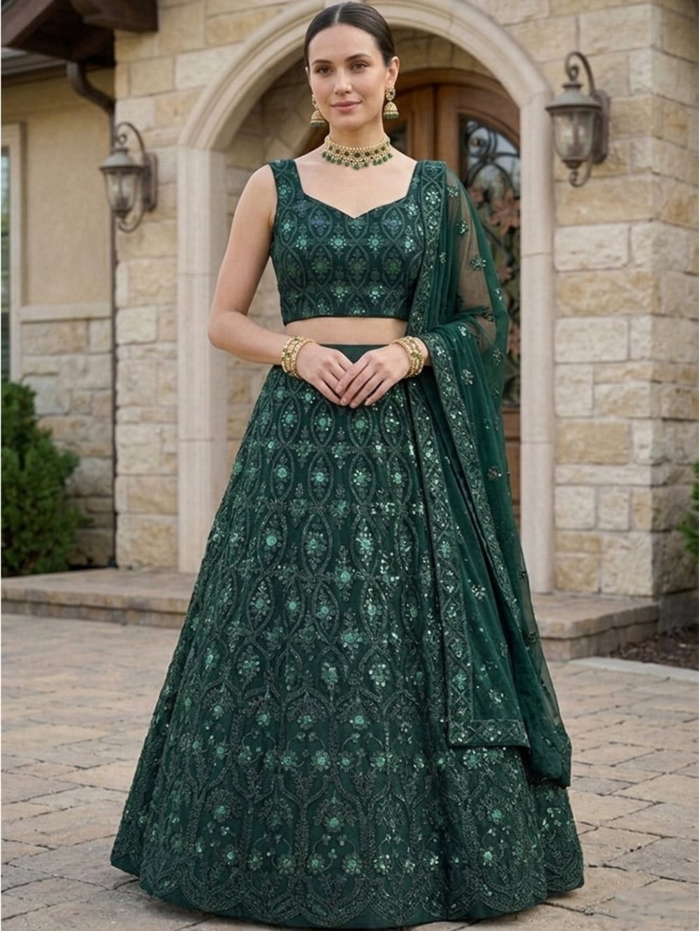 Embroidered Deep Green Lehenga Set